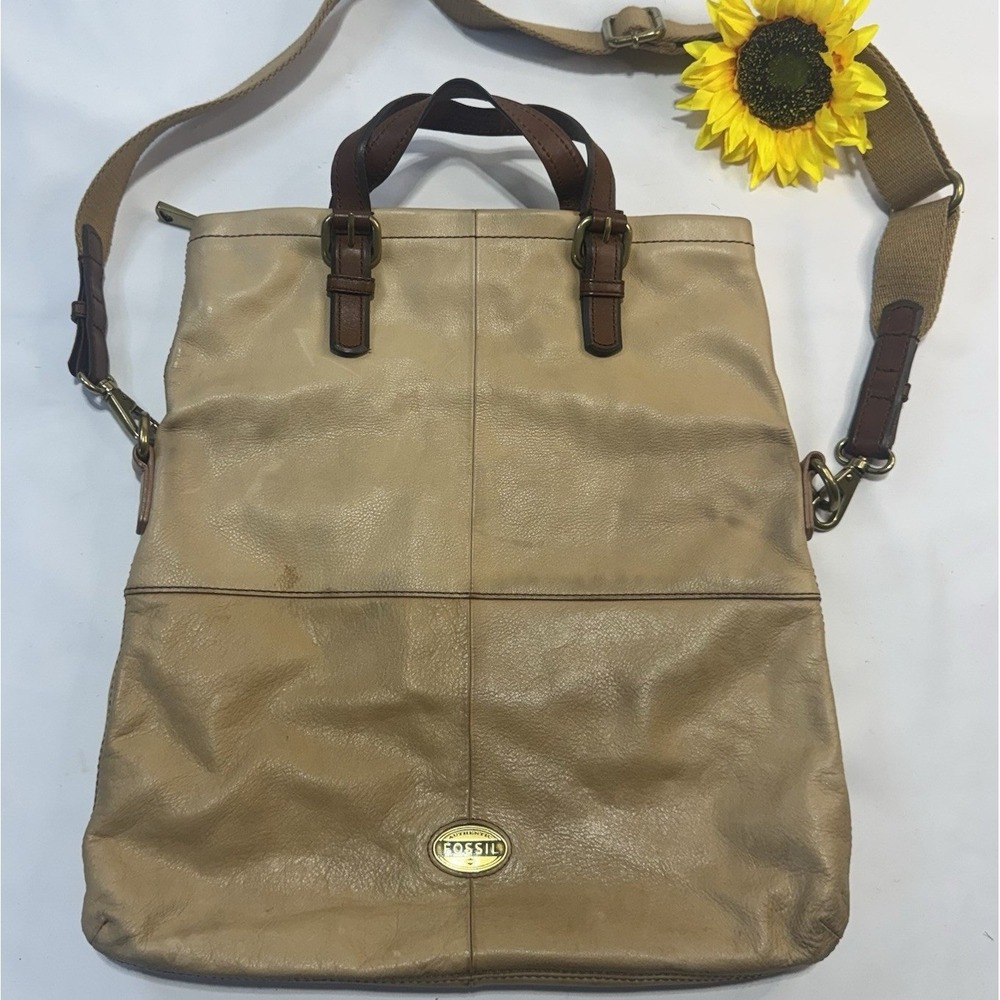 Fossil Explorer Foldover Leather Crossbody Messenger Shoulder Bag Tote Tan Boho